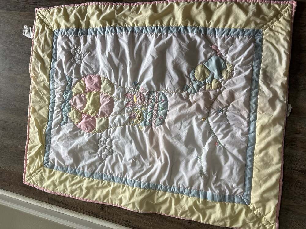 Vintage A Little Angel Baby Quilt Pink Elephant Hot Air Balloon Patchwork Blanke